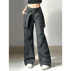 Lunivop Summer Women Baggy Parachute Wide Leg Pants Drawstring Streetwear with Large Pockets Trousers Long Pants Mid Waist Cargo Pants