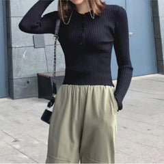 Lunivop Woman Open Buttons Lapel collar Knitted Long Sleeve Sweater Slim Fit Crop Knitwear