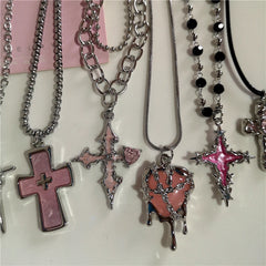 Lunivop Gothic Y2K Pink Cross Heart Pendant Chain Choker Necklace For Women Egirl Hip Hop Punk Charms Aesthetic Jewelry EMO Accessories