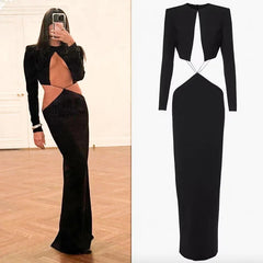 Lunivop Black Hollow Out Maxi Dress for Women Fashion Long Sleeve Slim Evening Party Dresses Autumn Winter Sexy Night Club Outfits 2024