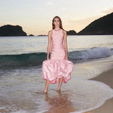 Lunivop Sweet Pink Pleated Satin Prom Dress Hi Low Long Beach Dresses Backless Formal Gown With Pleate Ruffle Bottom Vestidos De Novia