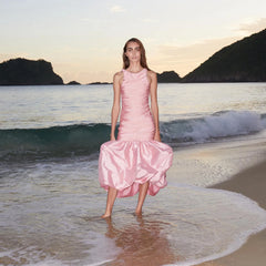 Lunivop Sweet Pink Pleated Satin Prom Dress Hi Low Long Beach Dresses Backless Formal Gown With Pleate Ruffle Bottom Vestidos De Novia