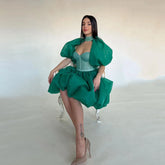 Lunivop Unique Green Puff Sleeves Organza Women Dress Sexy Fluffy Mini Cocktail Dresses Fashion Ruffles Mesh A Line Brithday Party Gown