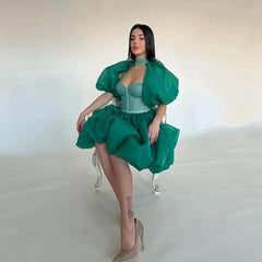 Lunivop Unique Green Puff Sleeves Organza Women Dress Sexy Fluffy Mini Cocktail Dresses Fashion Ruffles Mesh A Line Brithday Party Gown