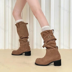 Lunivop Women Pleated Boots Female Faux Suede Knee High Boot Ladies Autumn Winter Fashion Buckle Slip on Square Heel Knight Booties