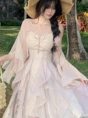 Lunivop Women Trendy Two Ruffle Asymmetrical Fairy Sweet Dresses Sexy V Neck Spaghetti Strap Chic Party Dress Korean Sweet Summer New