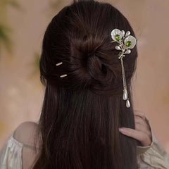 Lunivop New Chinese Style Green Zircon Flower Hair Stick For Women Vintage Imitation Pearl Tassel Hair Stick Hair Accessories