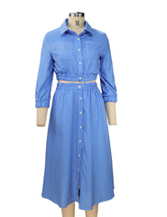 Lunivop Elegant Blue Stripe Skirt Sets for Women 2 Pieces Fashion Long Sleeve Button Short Shirt and High Waist Pleated Skirts