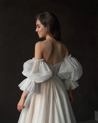 Lunivop Strapless Beads Detachable Puff Sleeves Shiny White Tulle Wedding Dress High Side Slit Zipper Back Bridal Gowns Vestidos De Novi