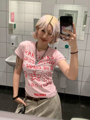 Lunivop Women T Shirts Letter Printed Short Sleeve Slim O Neck Sexy Vintage Y2k Tops Fashion Ladies Tops Casual Streetwear