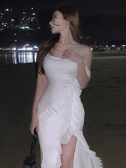 Lunivop Women Dresses Ruffles Patchwork Irregular Split Square Collar Backless Holiday Temperament Party Dress Female Chic