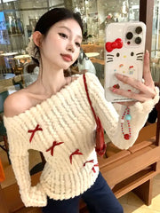 Lunivop Sweet Bow Knitted Pullover Women Off Shoulder Sexy Long Sleeve Sweaters Korean Style Kawaii Autumn Winter Pullovers