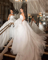 Lunivop Extra Puffy Mesh Prom Ball Gowns Vintage Strapless Ruffles Tiered Tulle Wedding Formal Party Dress High Low Long Celebrity Dress