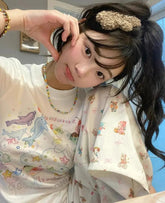 Lunivop Sweet T Shirts Women Cartoon Printed Graffiti Short Sleeve Slim Stretch Summer Fashion Tops Female Casual Y2k Tshirt