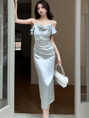 Lunivop Women Solid Satin Chic Ruffled Lace Sling Long Dress Korean Vintage Luxury Dance Party Dress Summer Elegant Bodcyon Dresses
