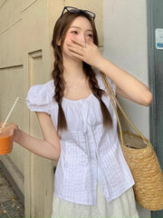 Lunivop Summer Puffy Sleeve Shirt Women Sweet Cute Slim White Blouse Korean Preppy Style Casual Fashion Lace Up Design Kawaii Tops