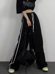 Lunivop Streetwear Loose Striped Black Trousers Women High Waist Casual Sweatpants Korean Preppy Style Student Chic Wide Leg Pants
