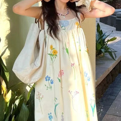 Lunivop Summer Seaside Vacation Floral Dress Women's Sweet Spliced Drawstring Printed Strap Off Shoulder Sleeveless Backless Loose Dress the dress black dress white dress
