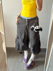 Lunivop American High Street Shorts for Women Summer Multiple Pockets Vintage Calf- Length Pants All-match Loose Wide Leg Pants