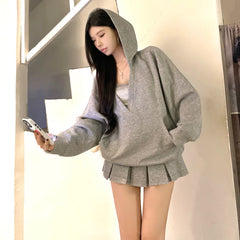 Lunivop Casual Hooded Pullover Top Women Y2K V-neck Hoodies Solid Harajuku Long Sleeve Hoodie Oversized Tops Female Loose Clothing