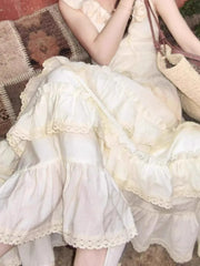 Lunivop Summer New Sweet Lace Ruffles Apricot Cake Long Dresses Vacation V-neck Flying Sleeves Chic Dress Basics Birthday party Dress