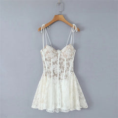 Lunivop Sexy White Lace Mesh Pad Chest Corset Style Tie Bow Strap Sling Mini Dress Women Low Waist Pleated Swing Dresses Party Robe