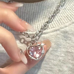 Lunivop Pink Crystal Egirl Sweet Cool Clavicle Chain Necklace Y2K Accessories Fashion Peach Heart Water Drop Pendant Aesthetic Jewelry