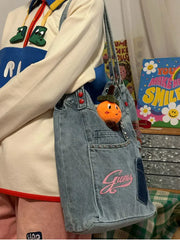 Lunivop Harajuku Denim Tote Bag Women Hot Girls Pocket Chic Large Capacity Casual Handbag Female Vintage Y2k Handbag Aesthetic