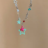 Lunivop New Fashion Cute Pink Green Star Pendant Necklace for Women Niche Design Charms Necklace Sweet Elegant Vacation Party Jewelry