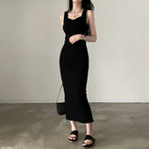 Lunivop Korean Fashion Slim Summer Dresses Woman Casual Square Collar Sleeveless Long Dress Female Black Elegant Party Dresses
