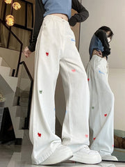 Lunivop Y2K American Streetwear Jeans Women's Embroidered Denim Pants High Waist Wide Leg Trousers Oversized Floor Length Trousers