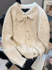 Lunivop Bow Sweet Women Cardigan Korean Long Sleeve Loose O Neck Knitted Sweaters Casual Love Buttons Vintage Lady Fall Winter Tops