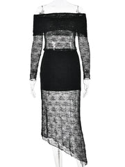 Lunivop Sexy Off Shoulder See Through Lace Women Skirt Suit Long Sleeve T-shirt Print Skirt Autumn Skinny Elegant Two Piece Sets