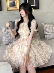 Lunivop Floral Sweet Mini Dress Women Vintage Cute Ruffles Puffy Sleeve Dress Casual Summer Slim High Quality Elegant Vestidos New