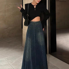 Lunivop Autumn Retro High Waist Denim Half Skirt for Women Flattering Loose A-Line Long Skirt with Chic Look