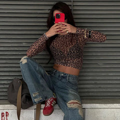 Lunivop Leopard Print Long Sleeve O Neck Sheer See Through Tshirt Tops Fashion Casual Clothing Y2K Streetwear Wholesale Clothing