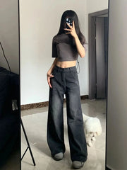 Lunivop Korean Vintage High Waist Women's Jeans Y2K Slimming Pear-Shaped Loose Straight Bell Bottoms Black Gray Baggy Denim Trousers