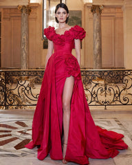 Lunivop Unique 3D Flowers Satin Wedding Dress Pretty Floral Edge V Neck Long Bridal Gowns Side Slit Taffeta Prom Party Dresses Customize