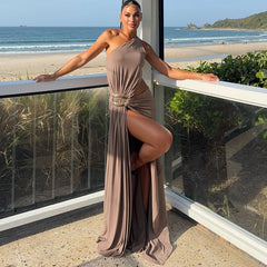 Lunivop Women Sexy Metal Buckle Ruched Hollow Out Asymmetrical Maxi Party Dress One Shoulder Sleeveless Backless Evening Gown Long Robe