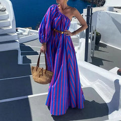 Lunivop Striped Maxi Dress Women Off Shoulder One Sleeve Skew Neck Party Club High Waist with Sashes A-line Long Dress