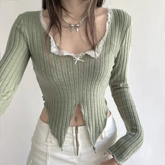 Lunivop Maillard Vertical Striped Lace Bow Lace V-Neck Long Sleeve T-Shirt Irregular Cut Slim Irregular Sexy Leak Umbilical Long Sleeve