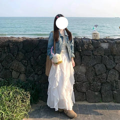 Lunivop Sweet Elegant White Long Skirt Women Fairycore Korean Style Lace Ruffle Skirt Asymmetrical Retro Street Layered Skirts