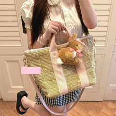 Lunivop Summer Straw Woven Hand Carry Tote Bag Women Pink Patchwork Large Capacity Shoulder Bags Ladies Sweet Daily Travel Crossbody Bag