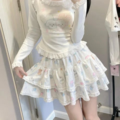 Lunivop Japanese Style Kawaii Mini Skirt Women Lolita Lace Sweet Pleated Skirts Harajuku Cute Y2k Ruffles Cake Layered Skirts