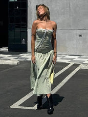 Lunivop Sexy Square Collar Ruched Women Maxi Dress Green Spaghetti Strap High Waist Dress Female Summer Slim Elegant Streetwear