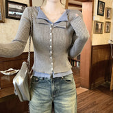 Lunivop V-neck Fake Two Long-sleeved Short Slim Early Autumn Sweaters with Bottoming Shirts in 2025