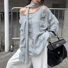 Lunivop High Street Gray Hollow Hole Sexy Long Sleeve Sweater Women Autumn New Korean Strapless Lace-up Loose Casual Knitted Tops