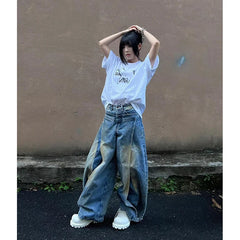 Lunivop Blue Jeans Women Y2K Hip Hop Vintage High Waisted American Style Jeans Streetwear Casual Loose Large Size Wide Leg Denim Pants