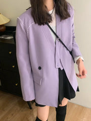 Lunivop Streetwear Loose Purple Blazer Women Long Sleeve Casual Oversize Suit Coats Fashion Fall New Korean Female Design V Neck Outwear