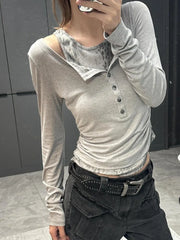 Lunivop Gray Leopard Print Off Shoulder Long Sleeve T-shirts Women Harajuku Slim Fit Base Short Tops Vintage Punk Y2k Goth Tees